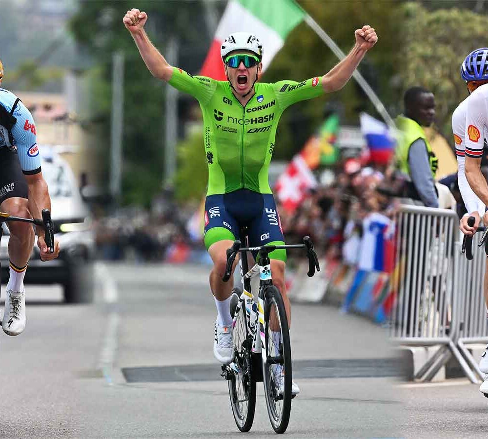 Slovenia's Tadej Pogacar celebrates winning the men's Elite road race, at the road cycling World Championships in Kigali, Rwanda.